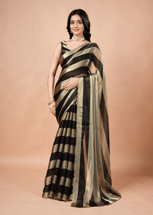 Black Tissue Silk Saree With Striped Weave