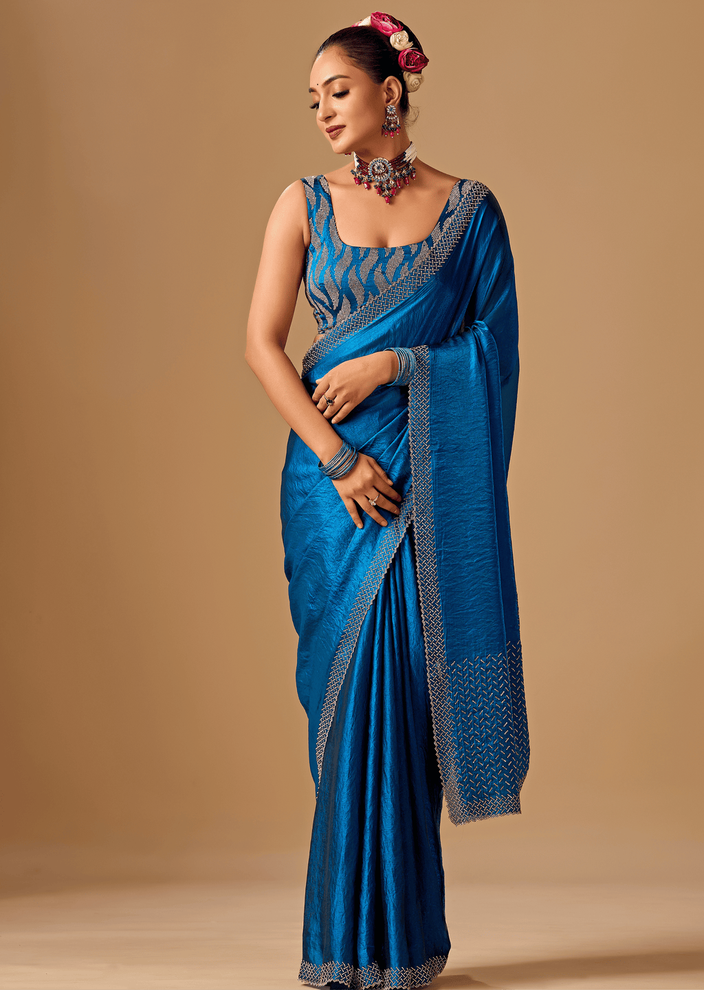 Royal Blue Tissue Silk Saree With Stone Work Border