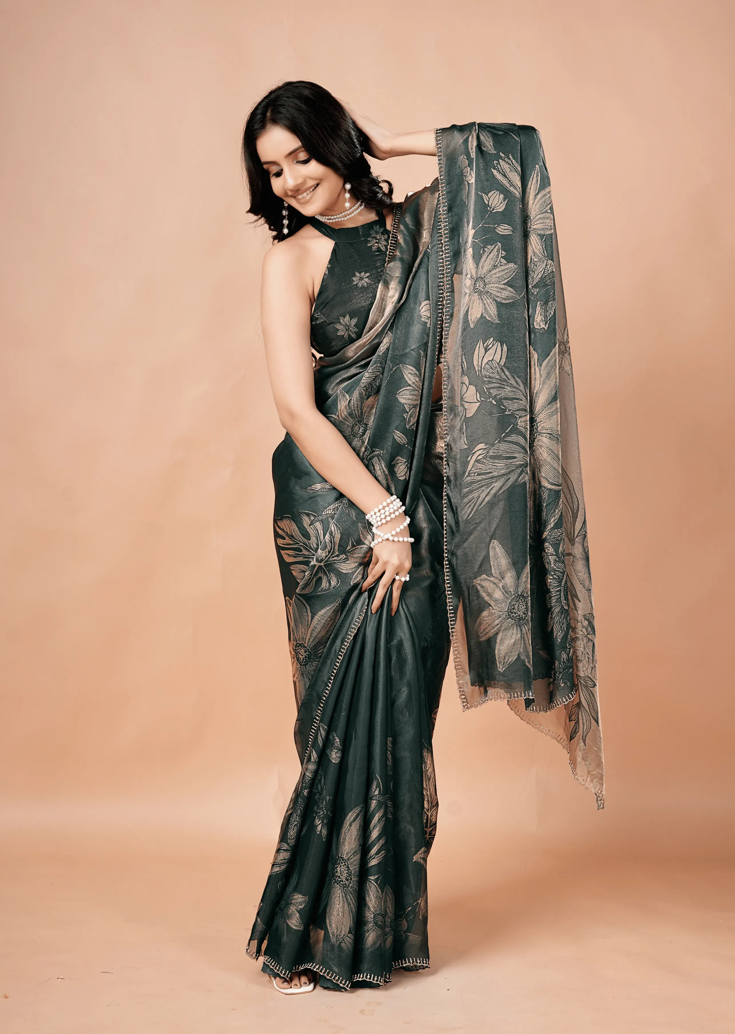 Bottle Green Organza Silk Saree With Foil Botanical Print