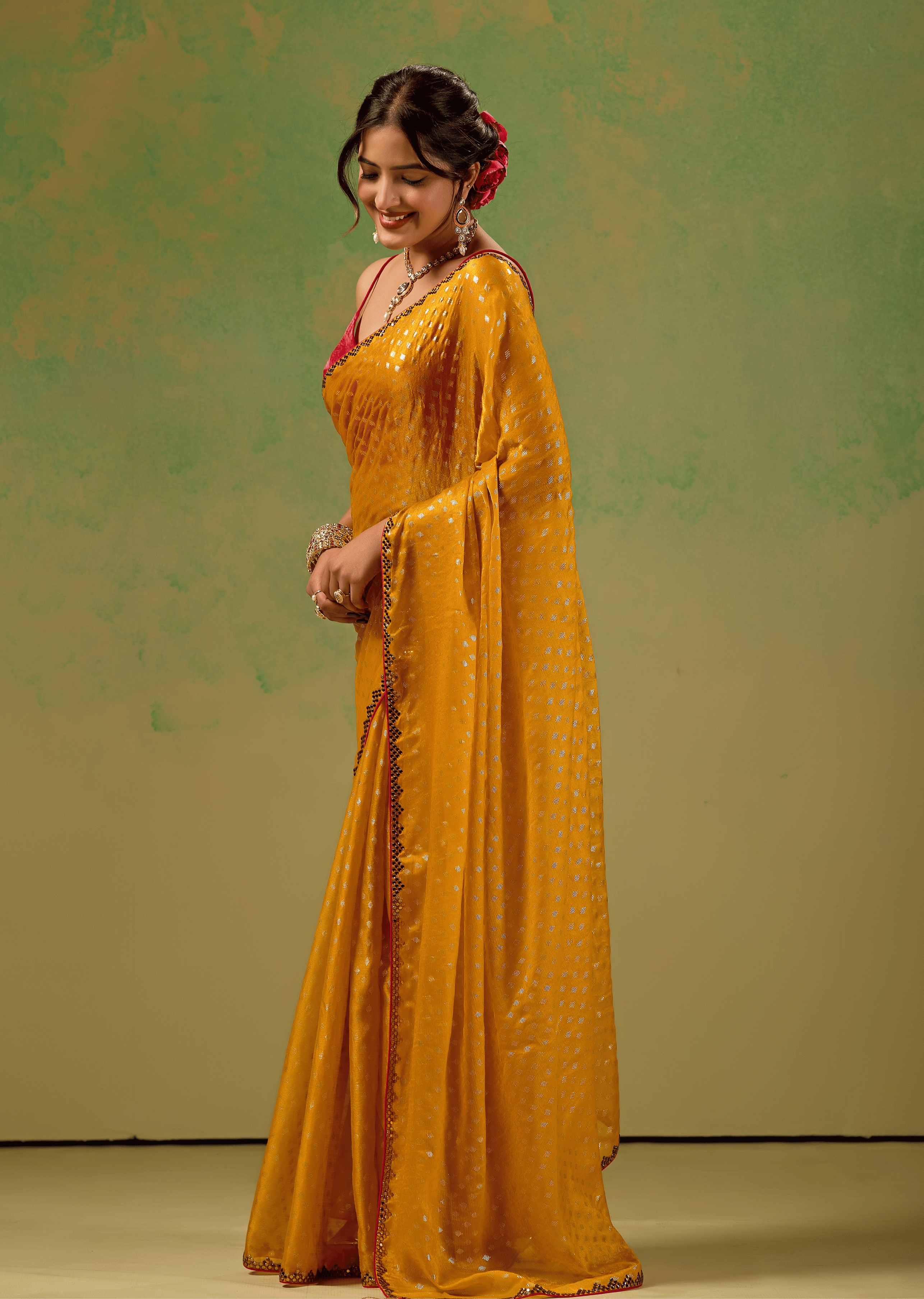 Mustard Yellow Tissue Silk Saree With Foil Butti Work