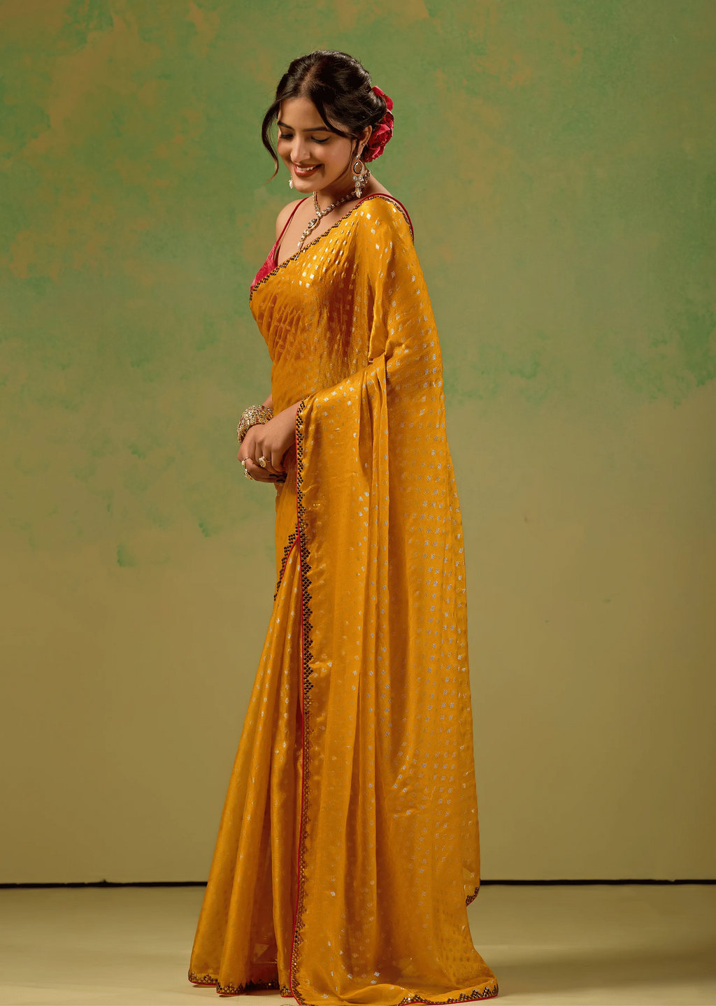 Mustard Yellow Tissue Silk Saree Draped Look - Foil Butti Work Design