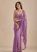 Lavender Chiffon Saree With Floral Embroidery