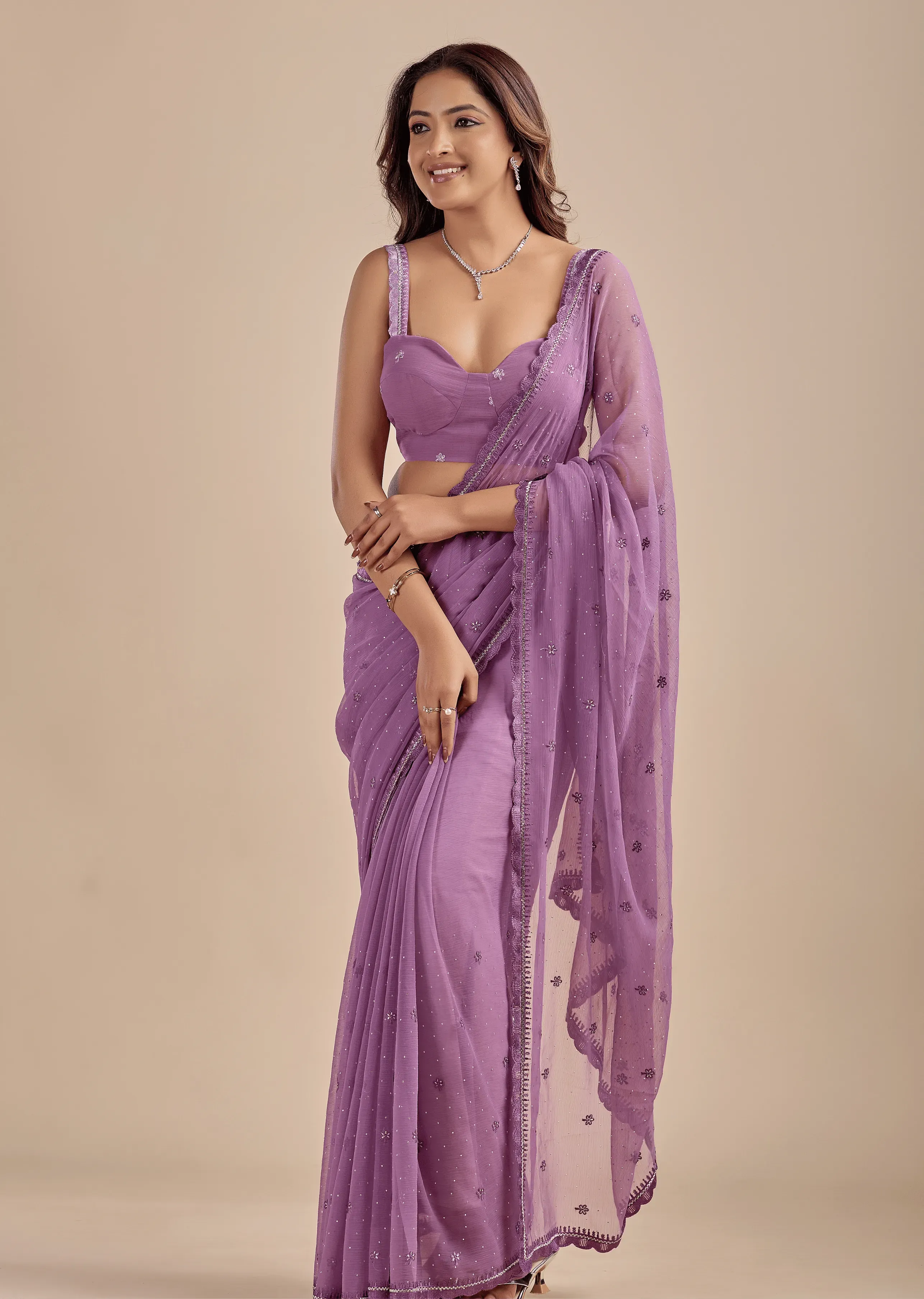 Lavender Chiffon Saree With Floral Embroidery