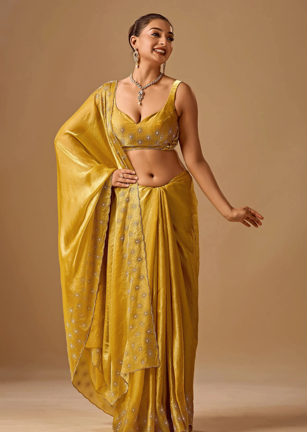 Golden Mustard Tissue Silk Saree With Crystal Stone Border