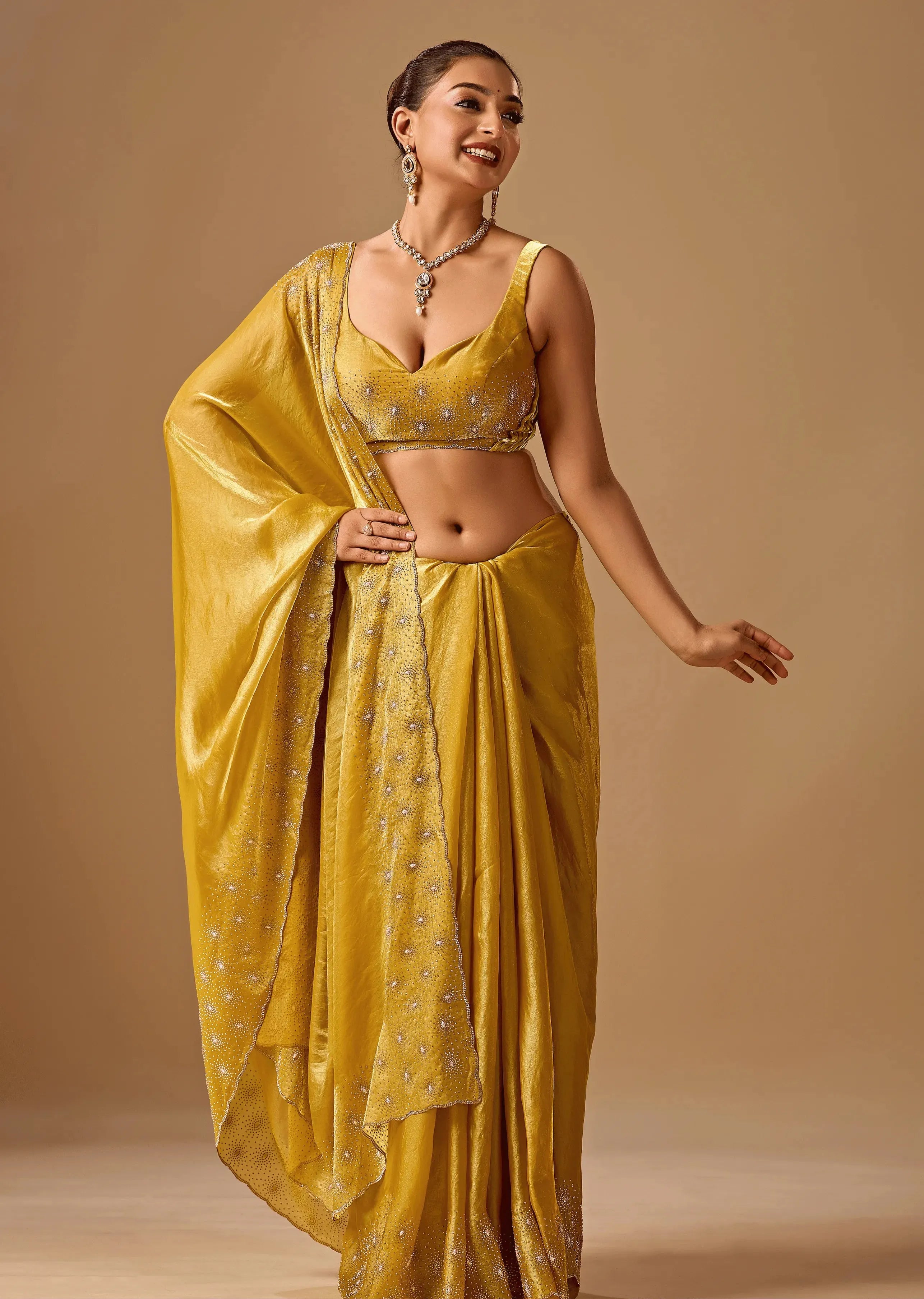Golden Mustard Tissue Silk Saree With Crystal Stone Border