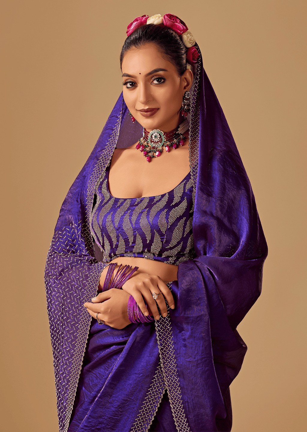 Royal Wine Tissue Silk Saree With Crystal Stone Border