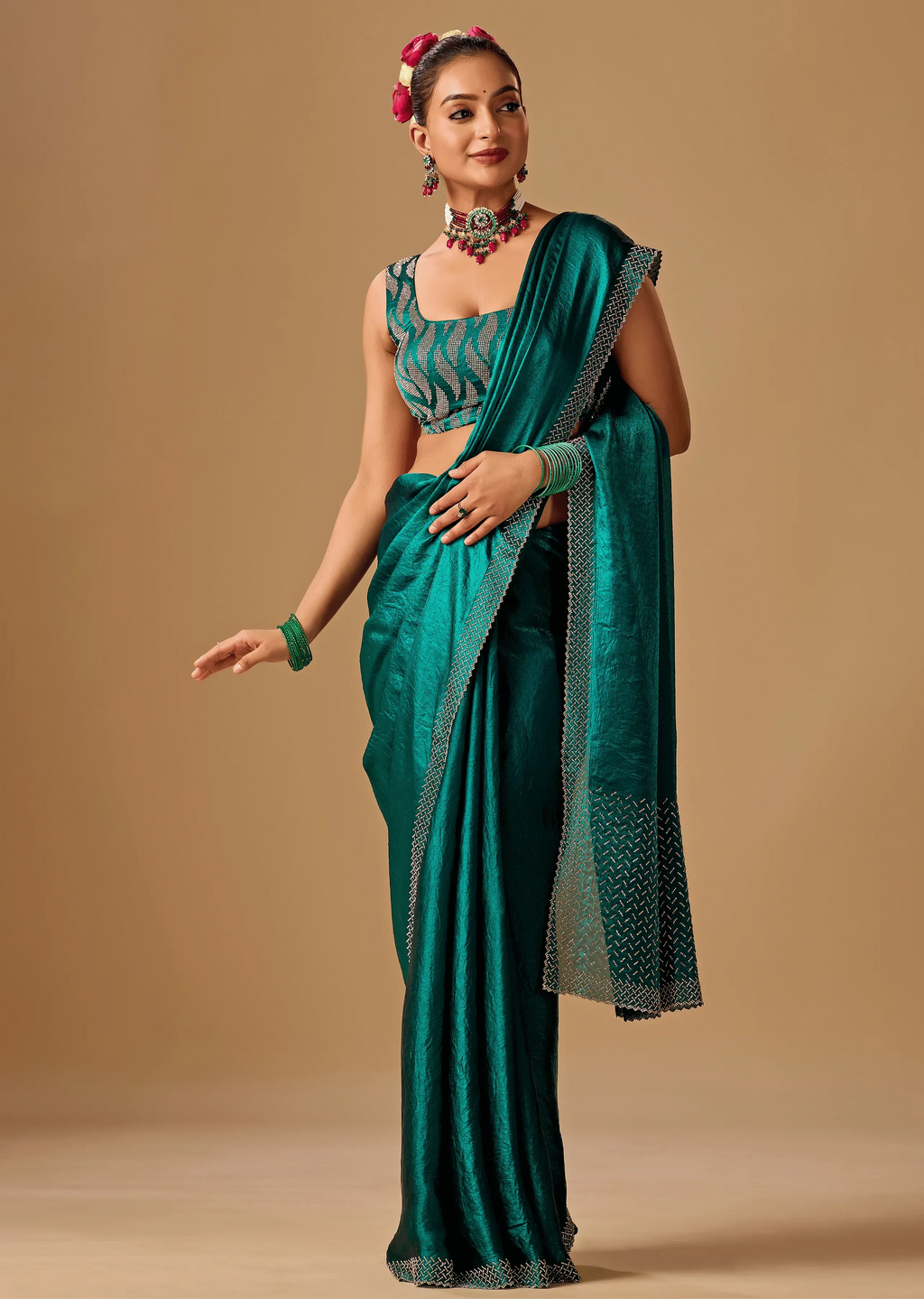 Emerald Green Tissue Silk Saree With Crystal Stone Border