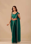 Emerald Teal Tissue Silk Saree With Crystal Border Work - Front Look | Buy Online Ethnic9