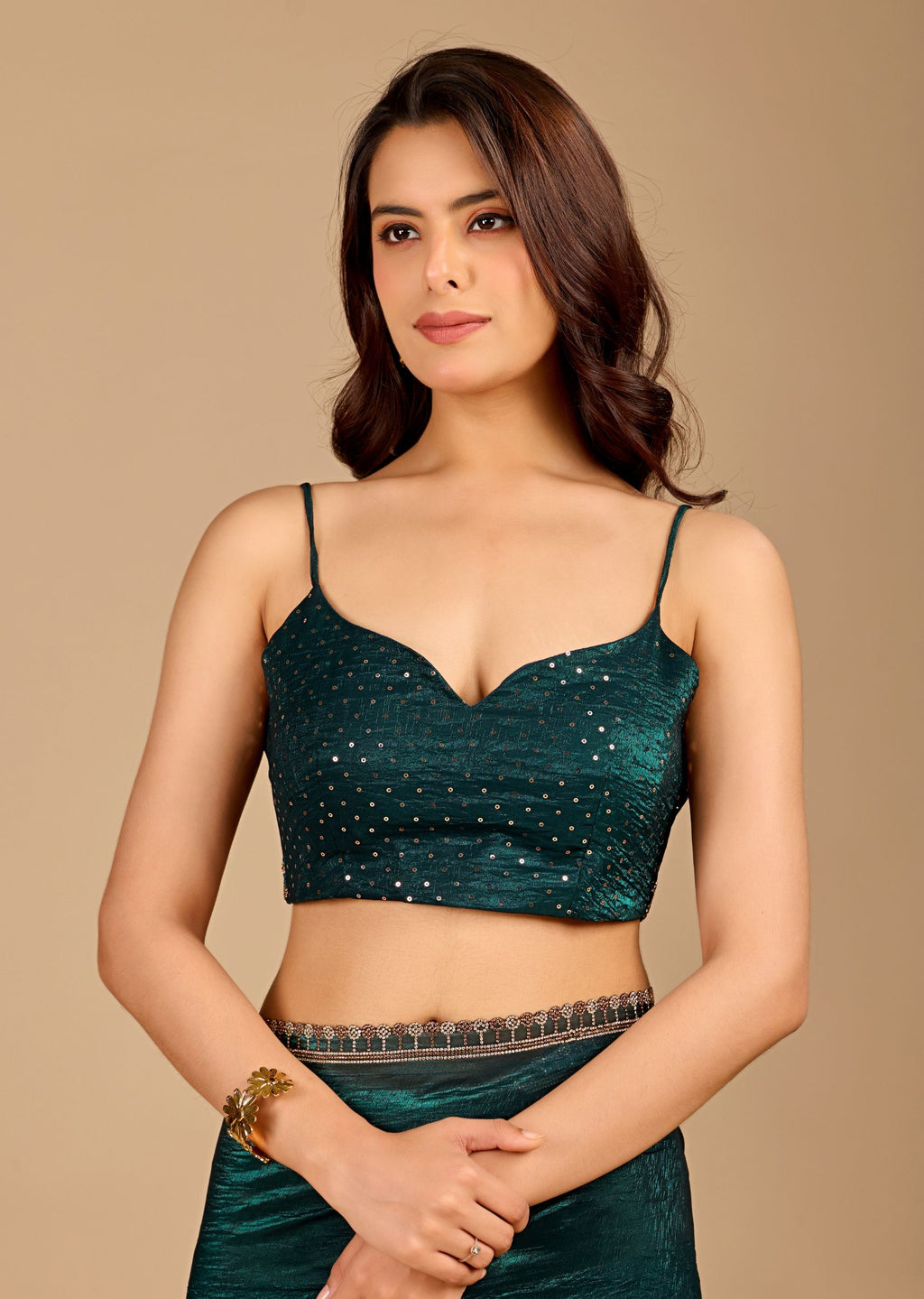 Emerald Green Tissue Saree with Designer Embellished Border & Shimmer Finish