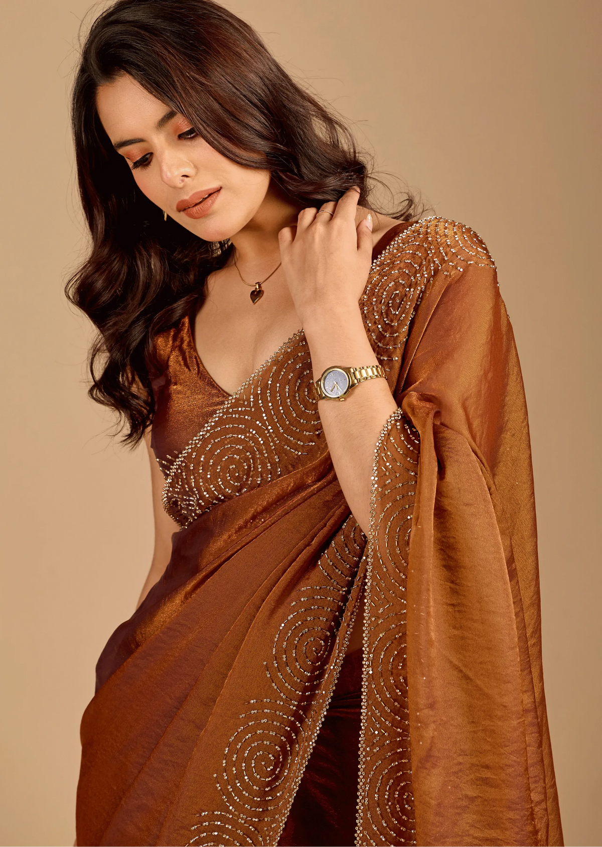 Antique Copper Tissue Silk Saree With Stone Spiral Border