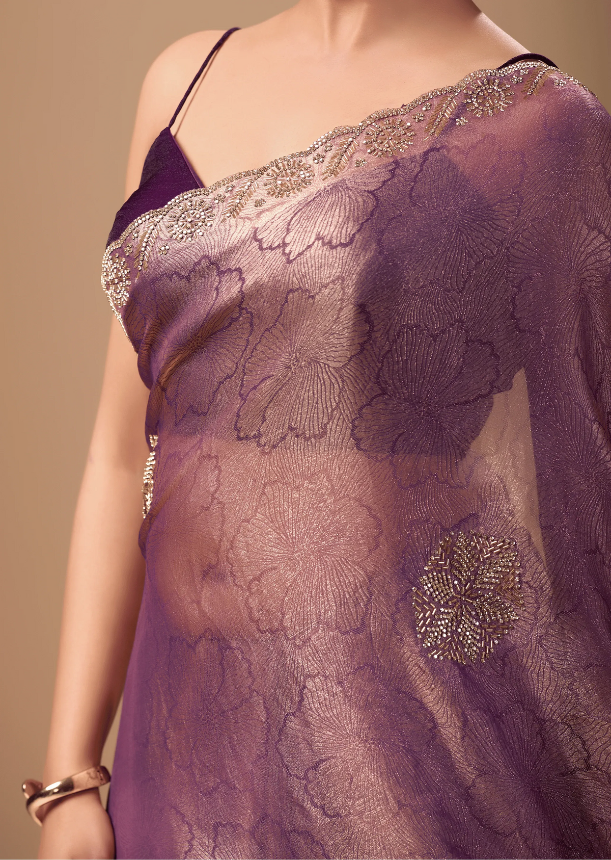 Lavender Mauve Jacquard Saree With Zarkan Stone Border