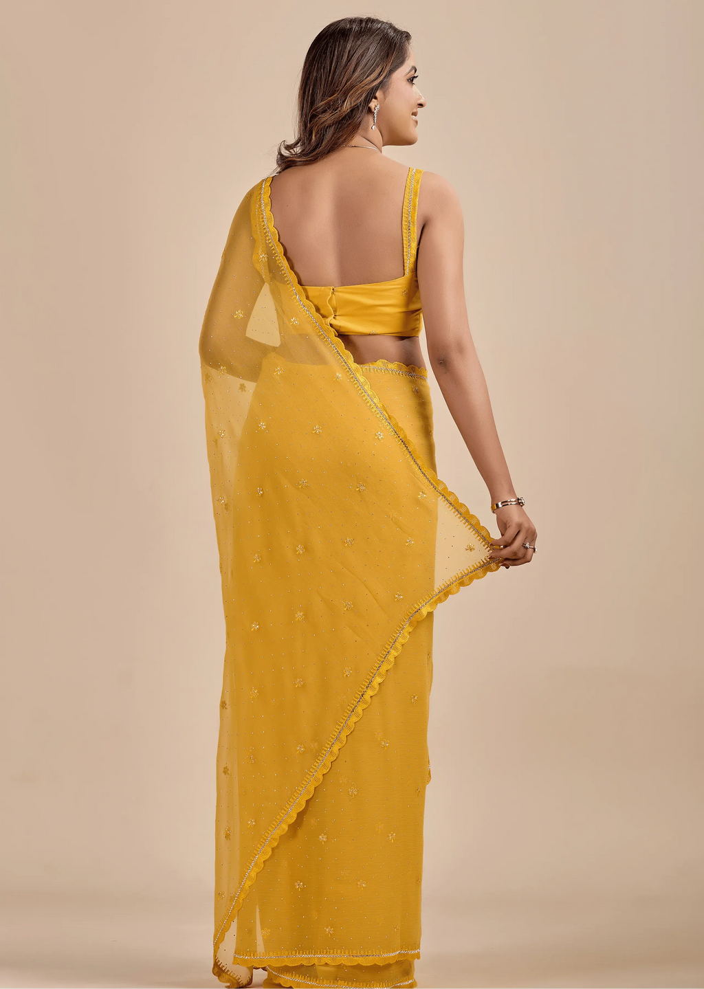 Mustard Yellow Chiffon Saree With Floral Embroidery