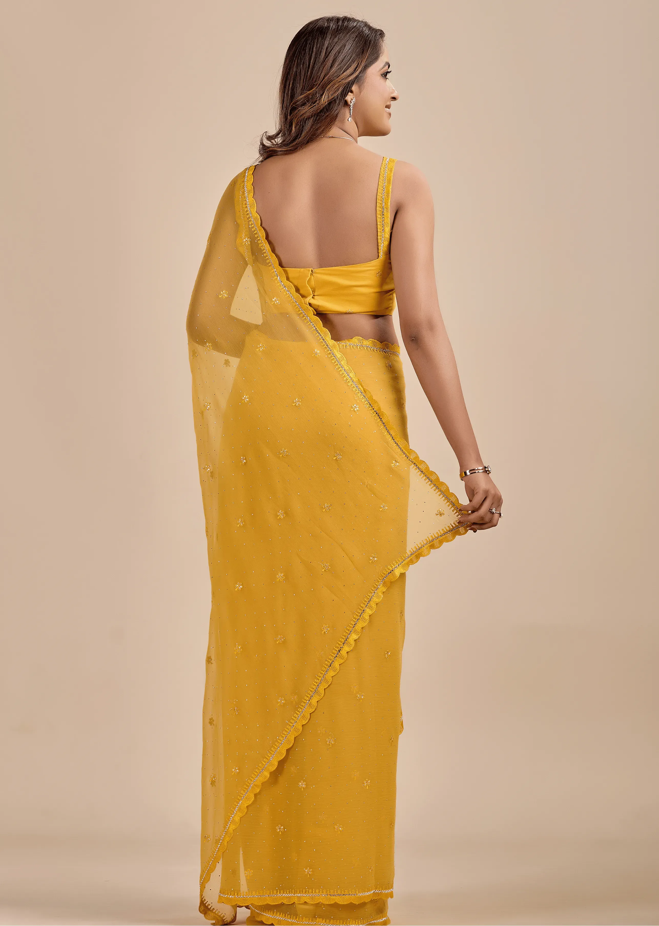 Mustard Yellow Chiffon Saree With Floral Embroidery