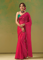 Rani Pink Tissue Silk Saree With Foil Butti Work - Front Look | Buy On Ethnic9

