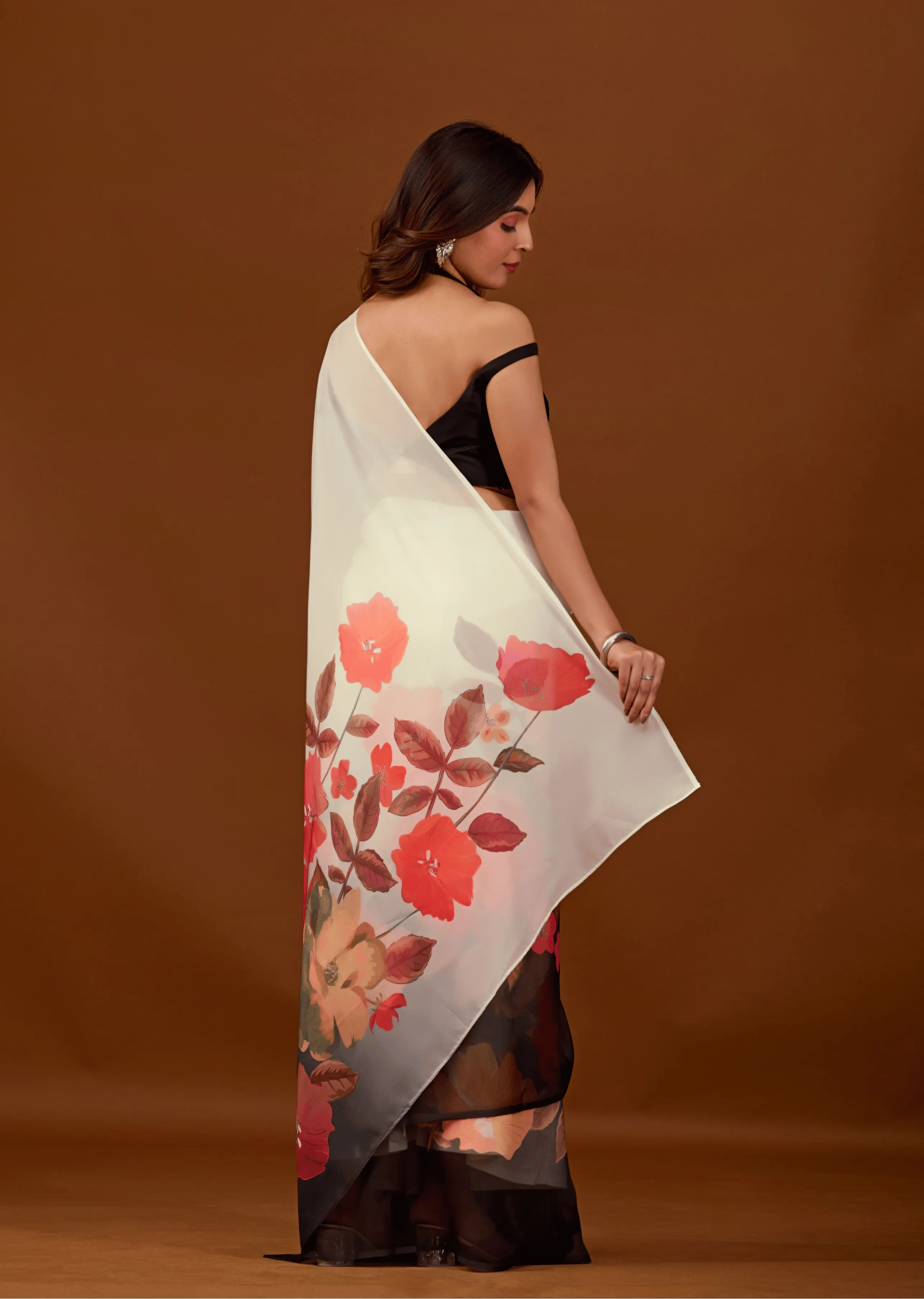 White Soft Organza Saree Back Pose - Floral Print Detail