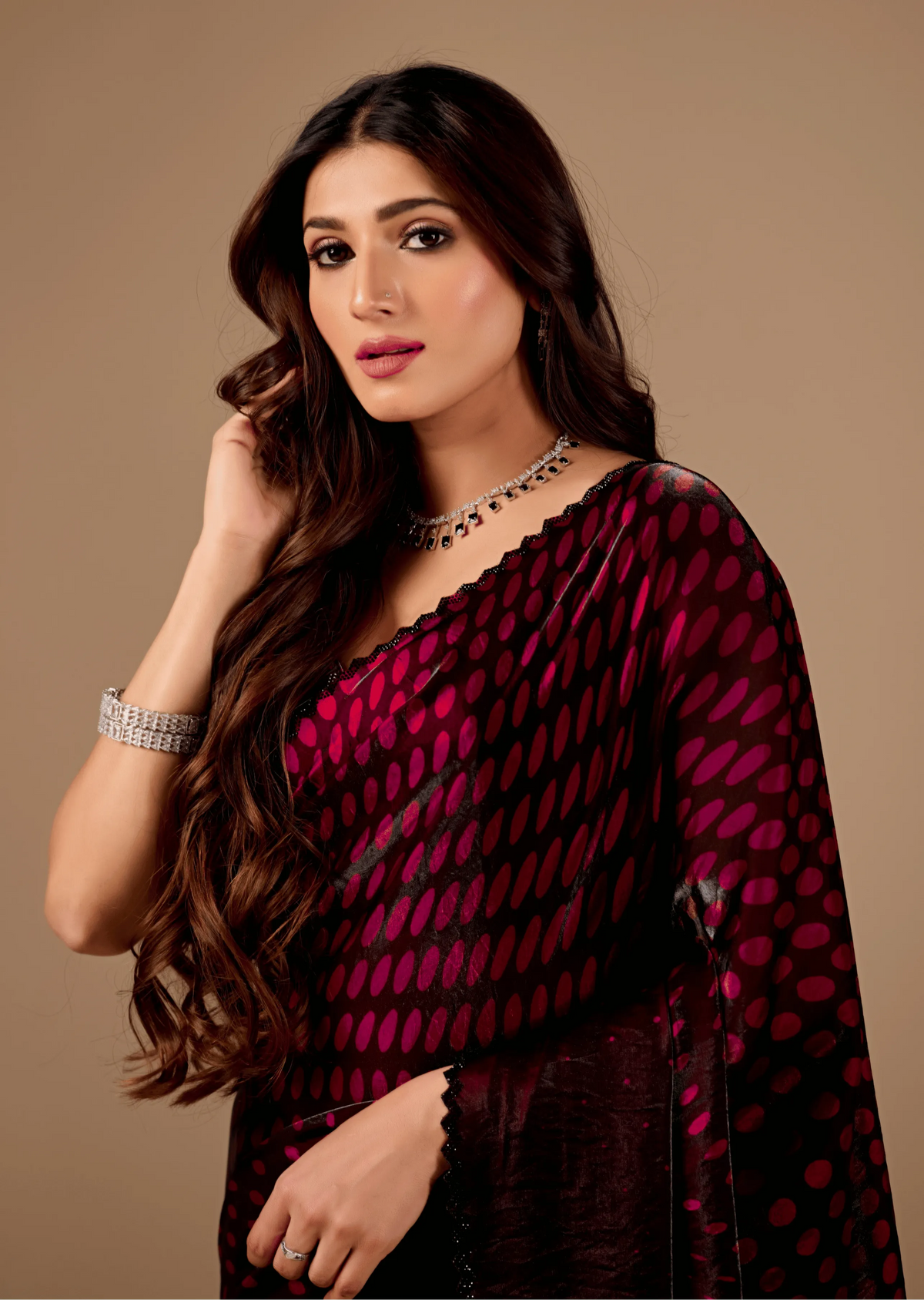 Wine Purple Organza Silk Saree Back Pose - Stone Work Border Detail
