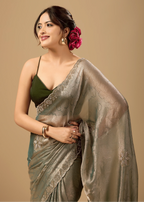 Sage Green Jacquard Saree With Crystal Stone Border