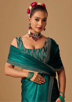 Emerald Green Tissue Silk Saree With Crystal Stone Border