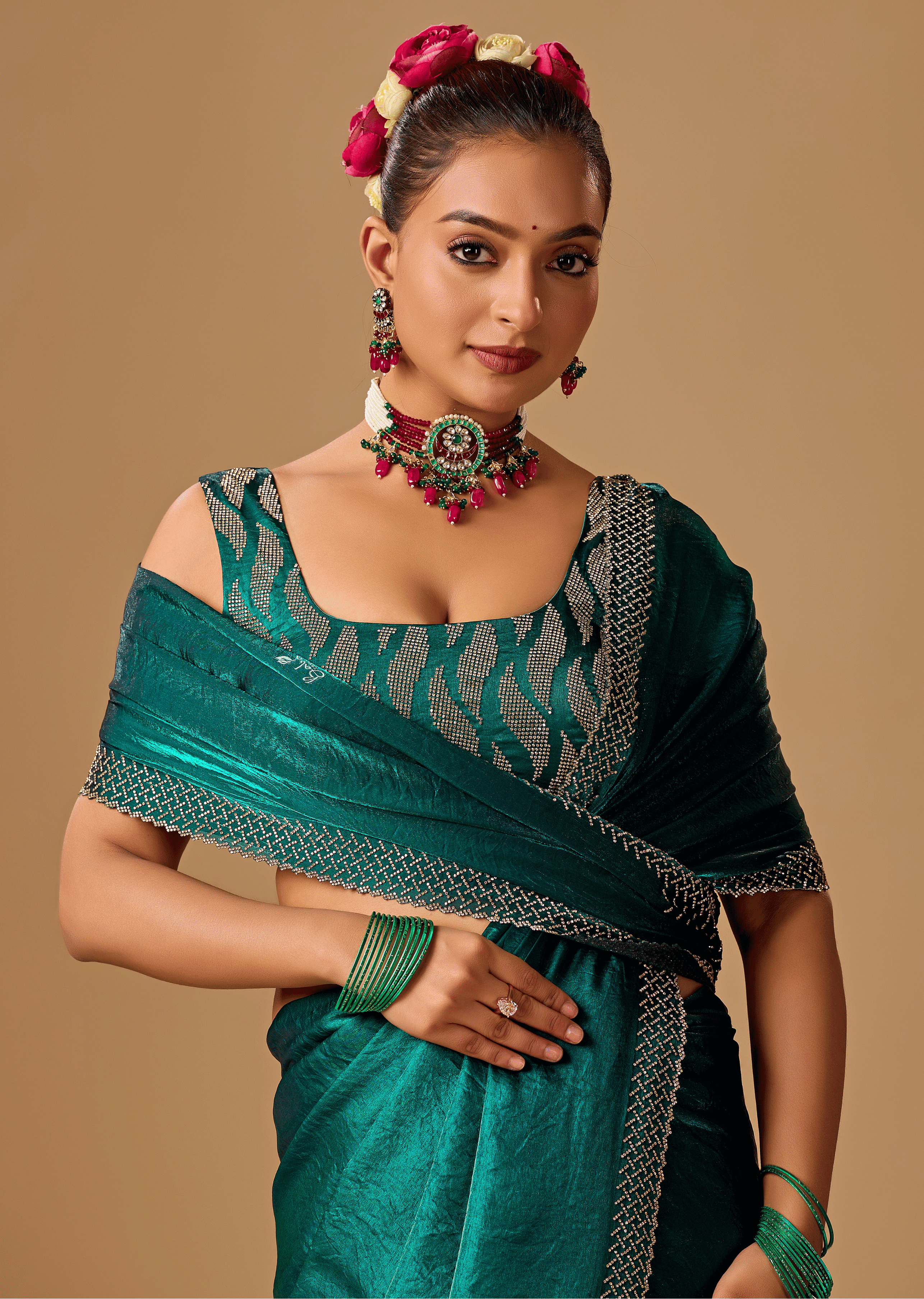 Emerald Green Tissue Silk Saree With Crystal Stone Border