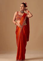 Burnt Orange Tissue Silk Saree With Rhinestone Border
