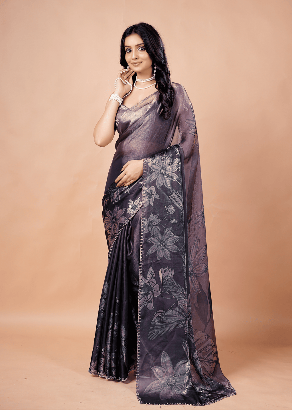 Smoky Purple Organza Silk Saree With Metallic Floral Print