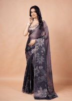 Smoky Purple Organza Silk Saree With Metallic Floral Print
