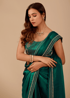 Emerald Teal Tissue Silk Saree With Crystal Border Work