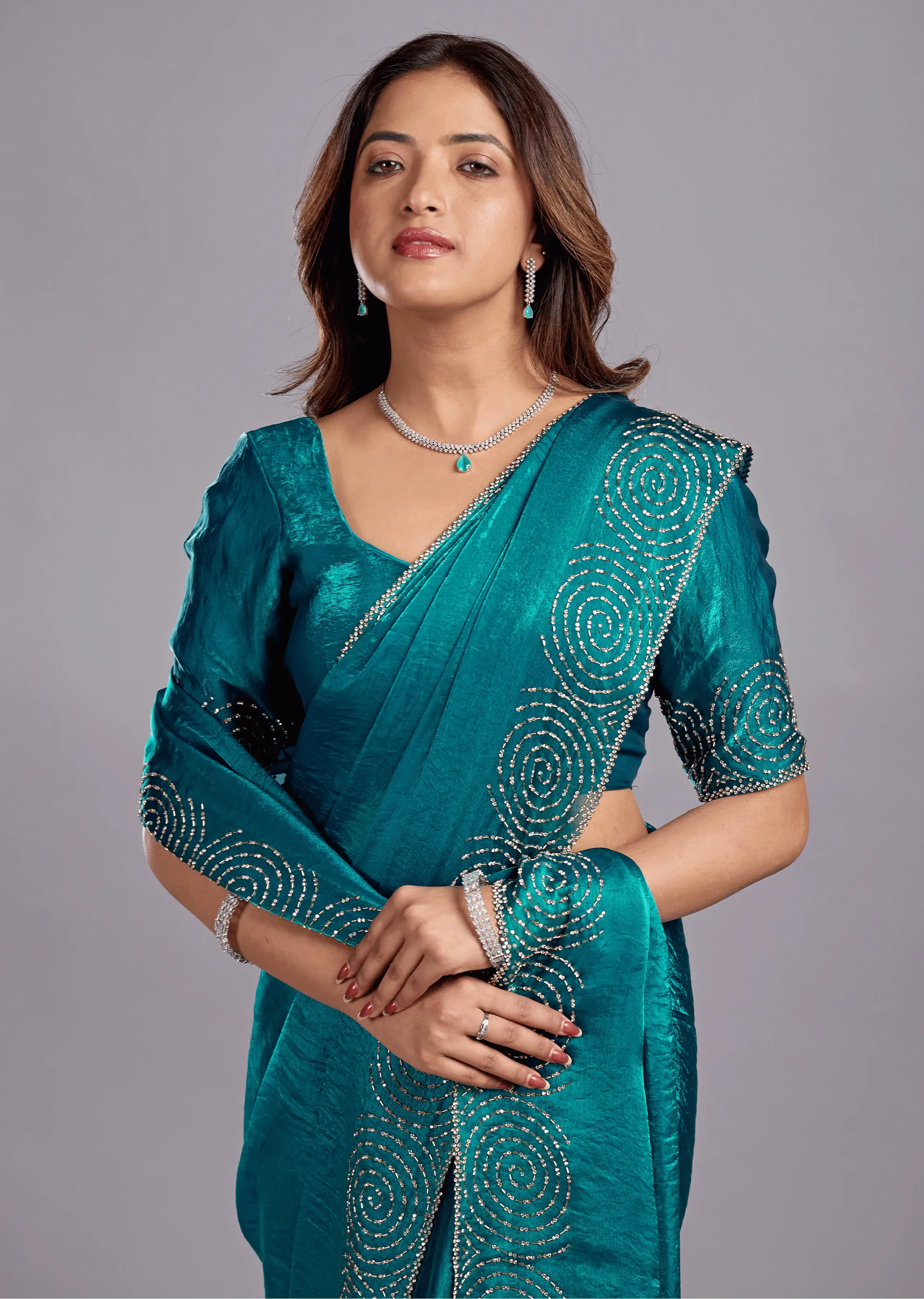 Peacock Teal Tissue Silk Saree With Crystal Spiral Work