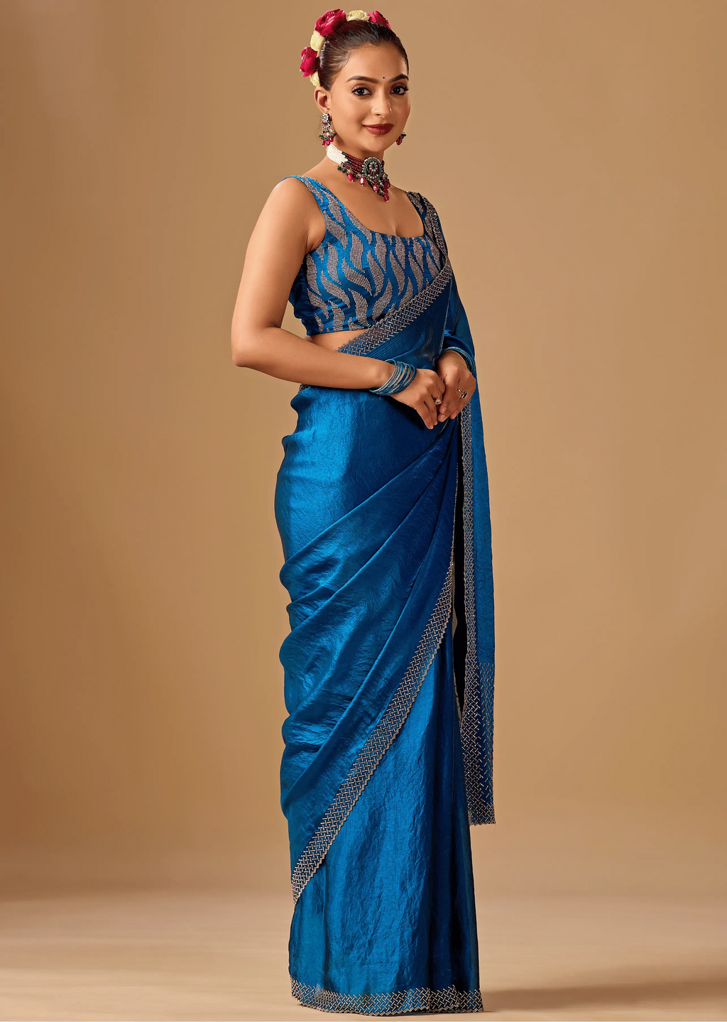 Royal Blue Tissue Silk Saree With Stone Work Border