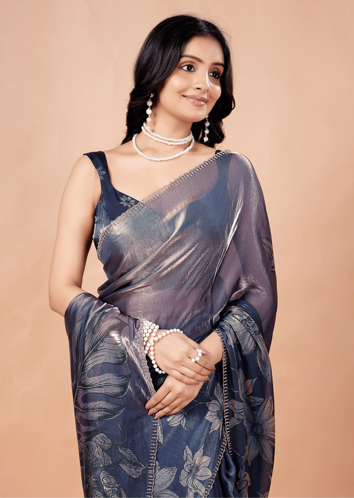 Steel Blue Organza Silk Saree With Foil Floral Print