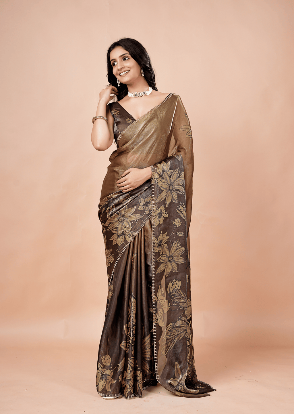 Coffee Brown Organza Silk Saree With Oversized Floral Print