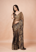 Coffee Brown Organza Silk Saree With Oversized Floral Print