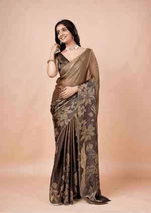 Coffee Brown Organza Silk Saree With Oversized Floral Print