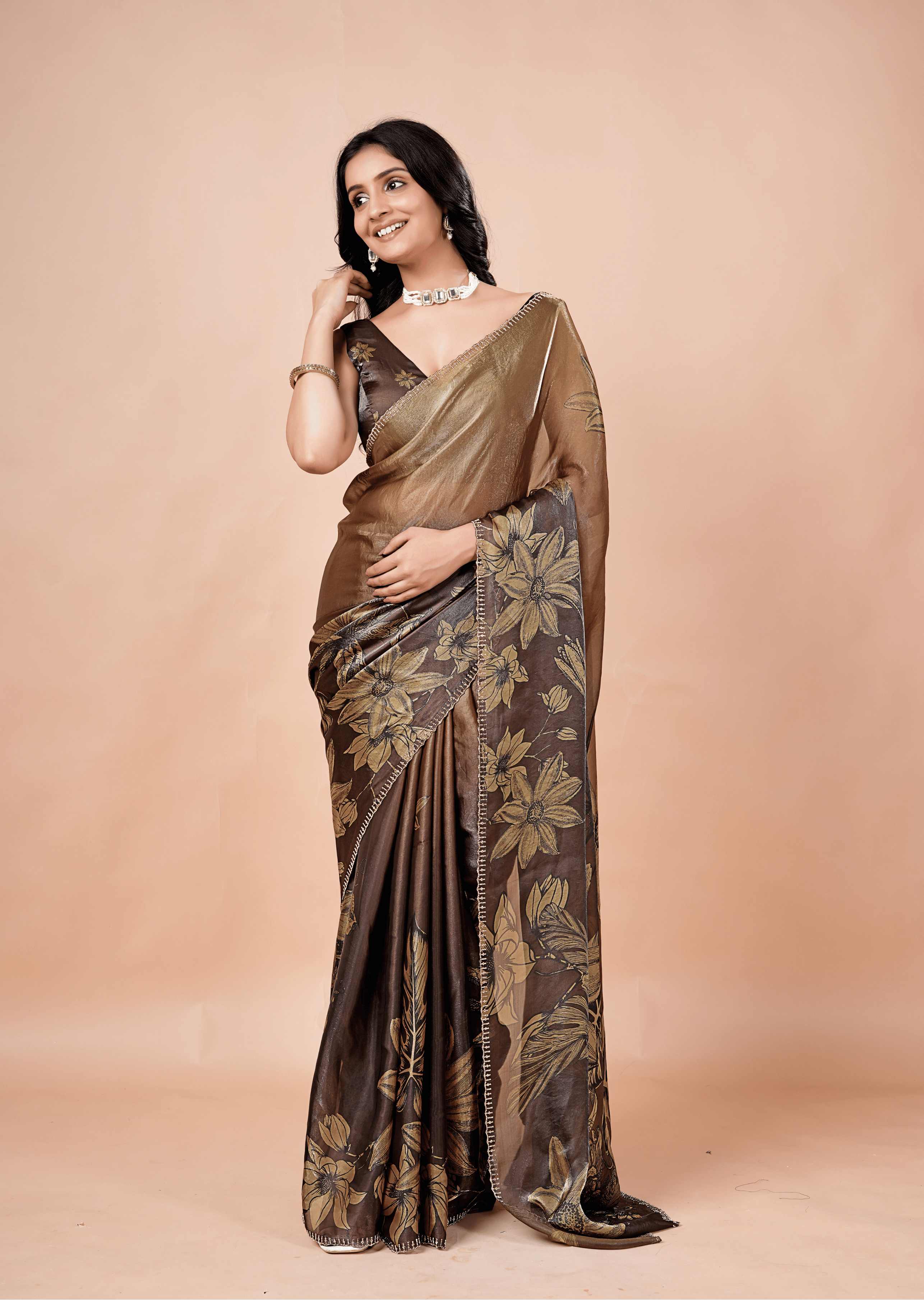 Coffee Brown Organza Silk Saree With Oversized Floral Print