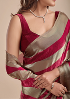 Berry Wine Tissue Silk Saree With Metallic Stripe Weave
