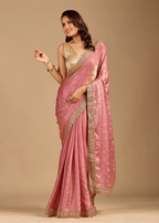 Rose Pink Tissue Silk Saree With Crystal Stone Border