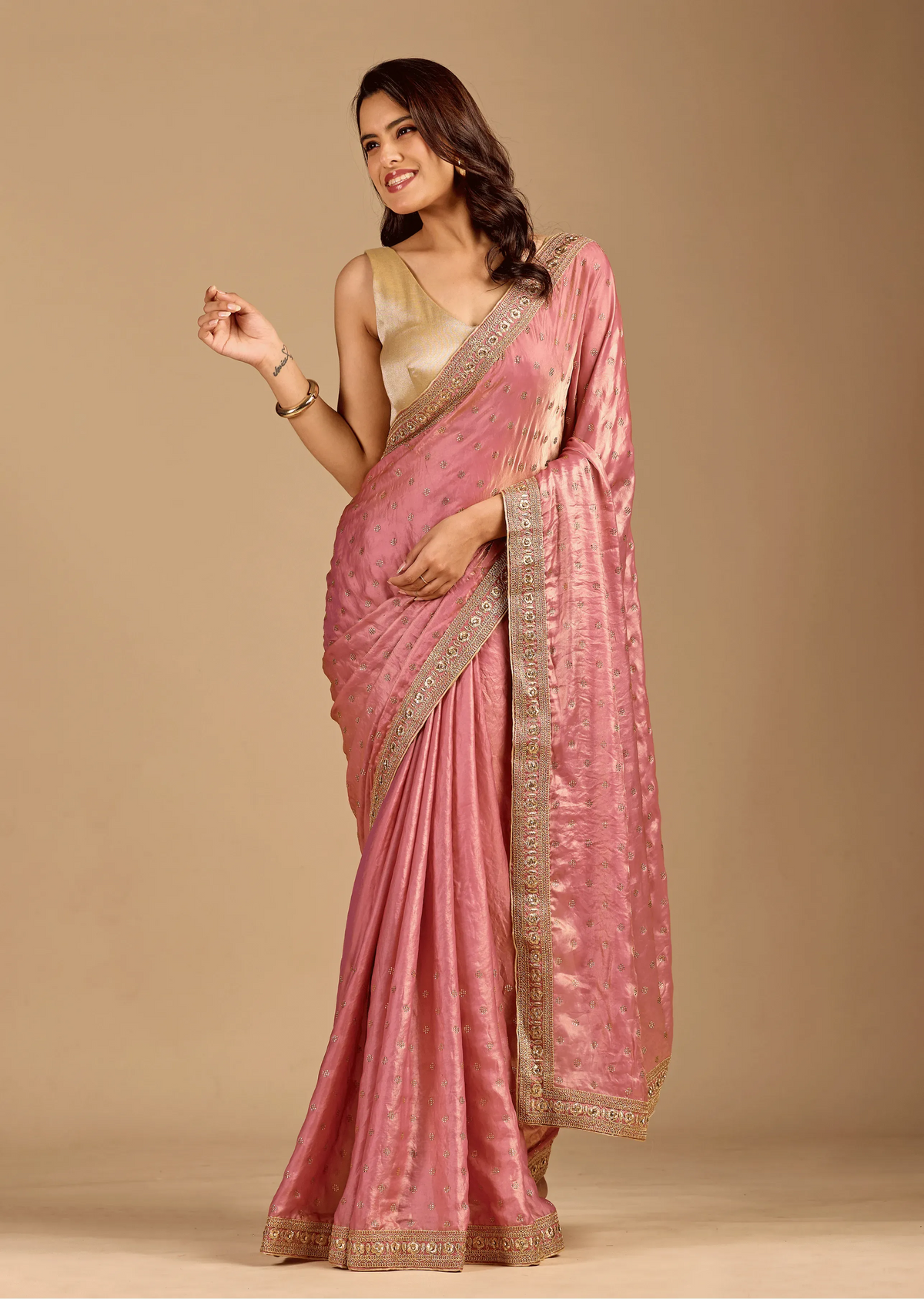 Rose Pink Tissue Silk Saree With Crystal Stone Border