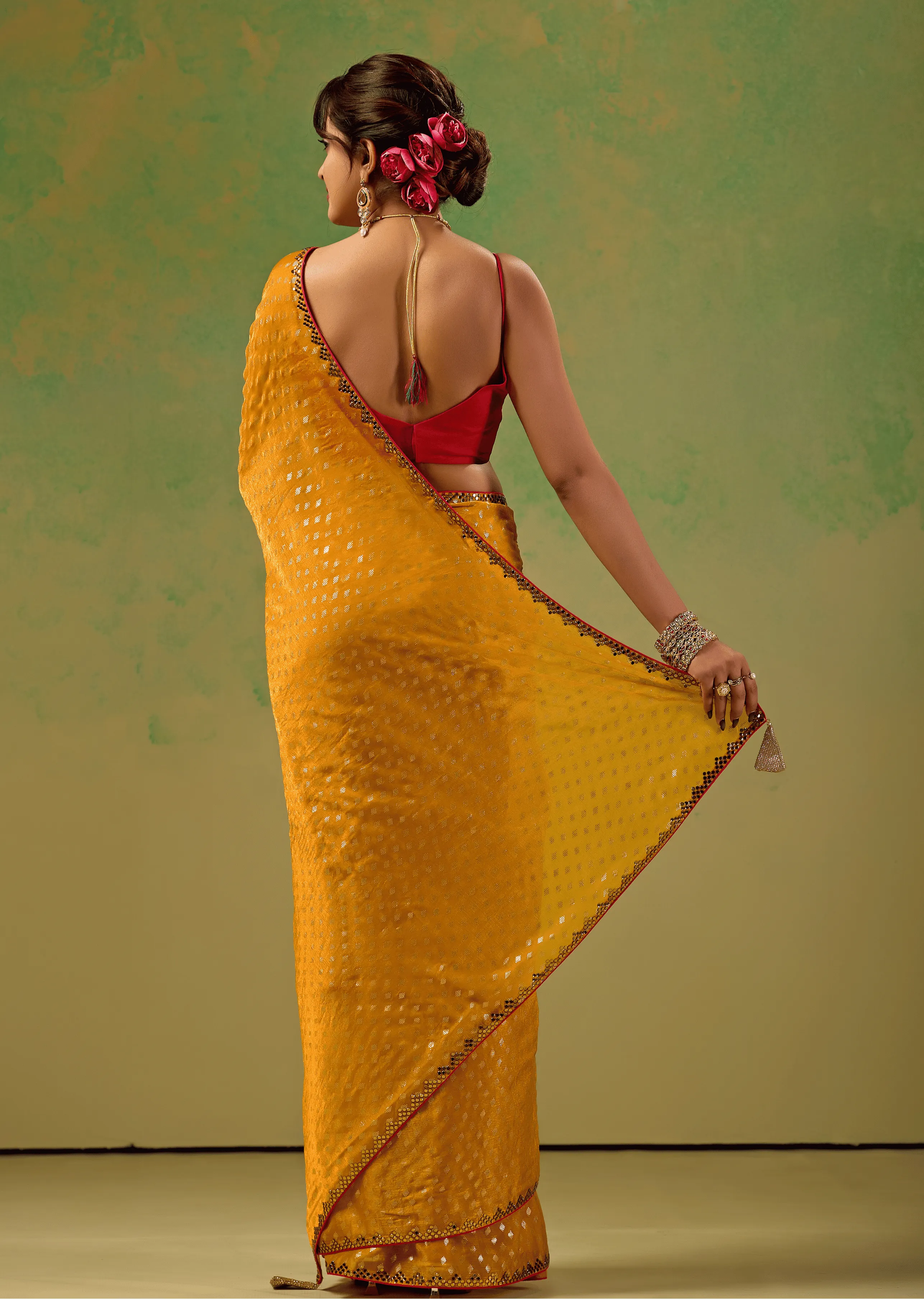  Mustard Yellow Tissue Silk Saree Back Pose - Foil Butti Work Detail