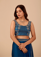 Ocean Blue Tissue Silk Saree With Crystal Border Work