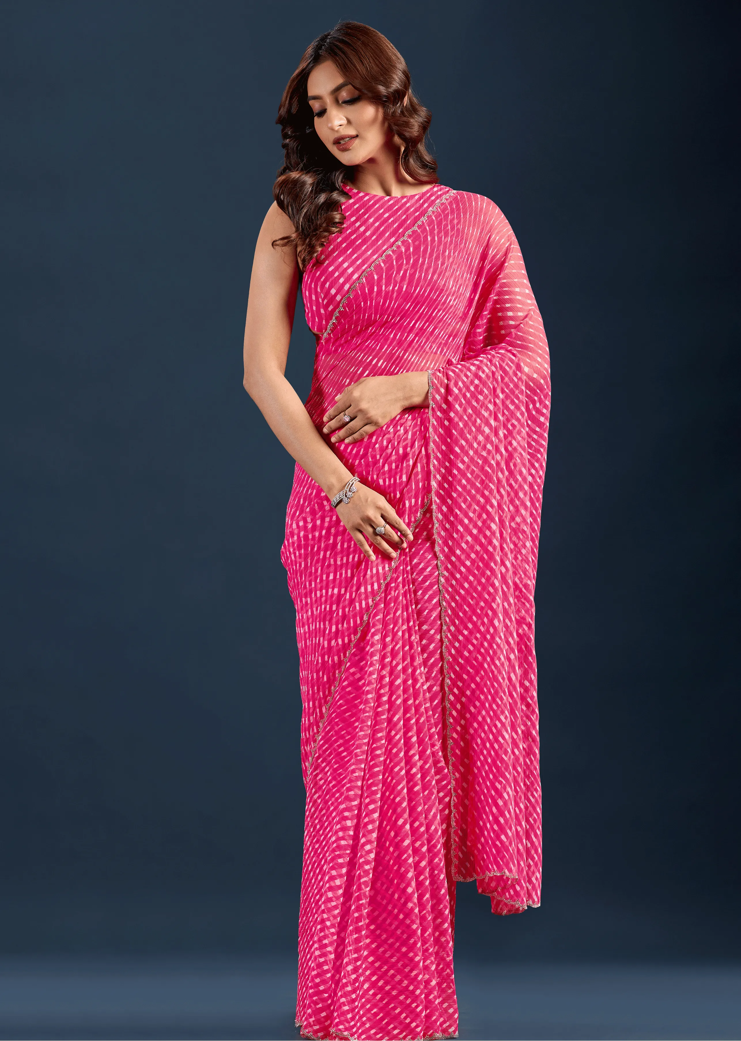  Rani Pink Chiffon Saree With Leheriya Print - Front Look | Buy On Ethnic9