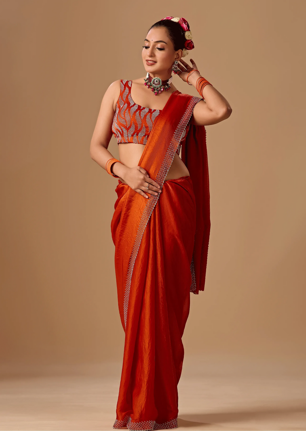 Burnt Orange Tissue Silk Saree With Rhinestone Border