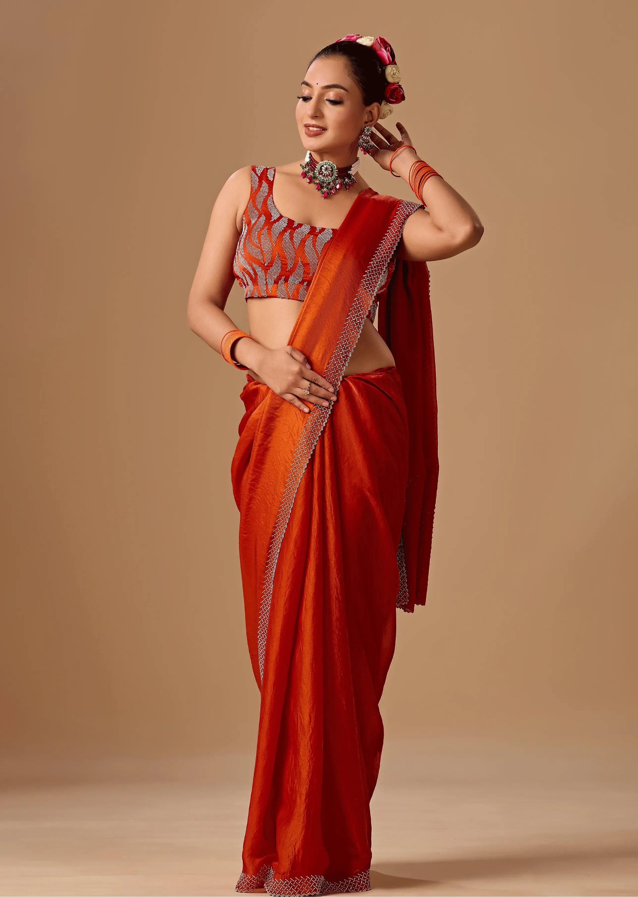 Burnt Orange Tissue Silk Saree With Rhinestone Border