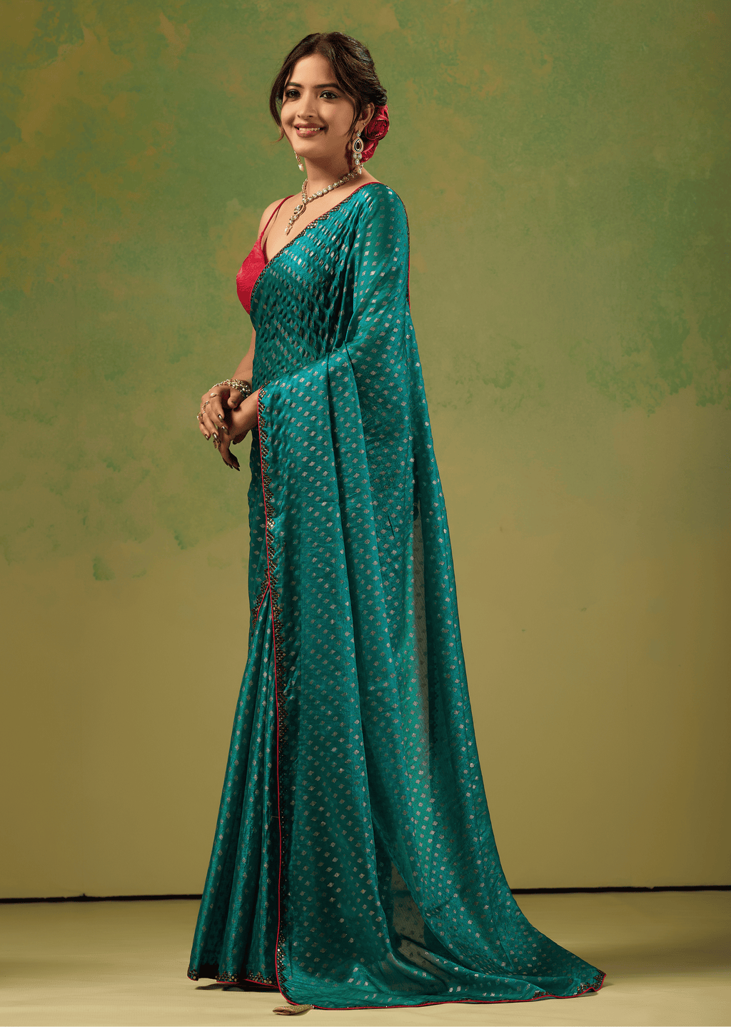 Firozi Tissue Silk Saree With Foil Dot Weaving