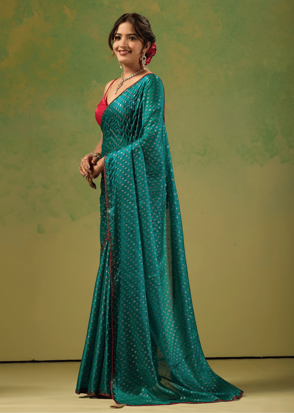 Firozi Tissue Silk Saree Side Pose - Festive Wear Saree