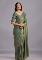 Olive Green Tissue Silk Saree With Crystal Spiral Work
