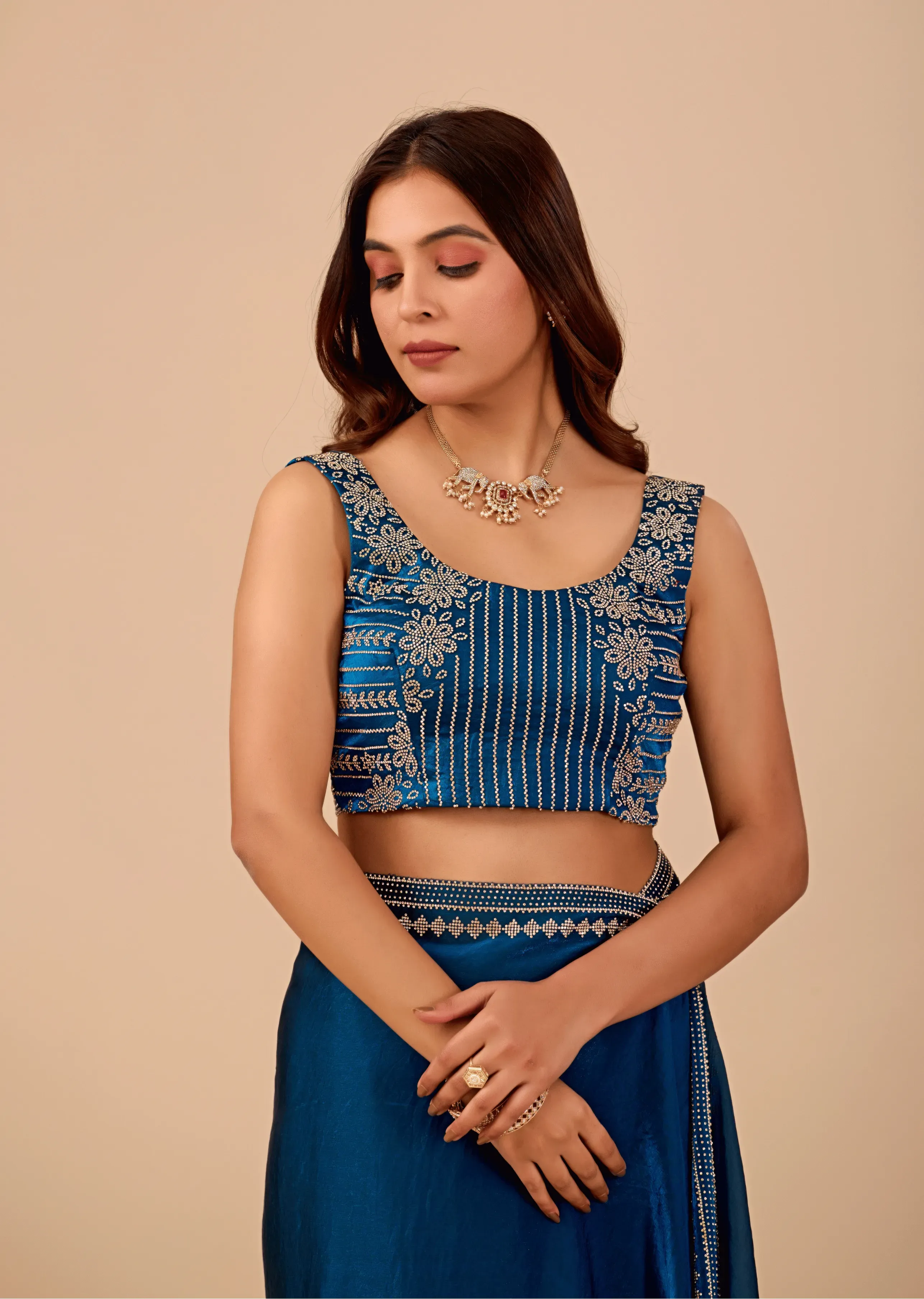 Ocean Blue Tissue Silk Saree With Crystal Border Work