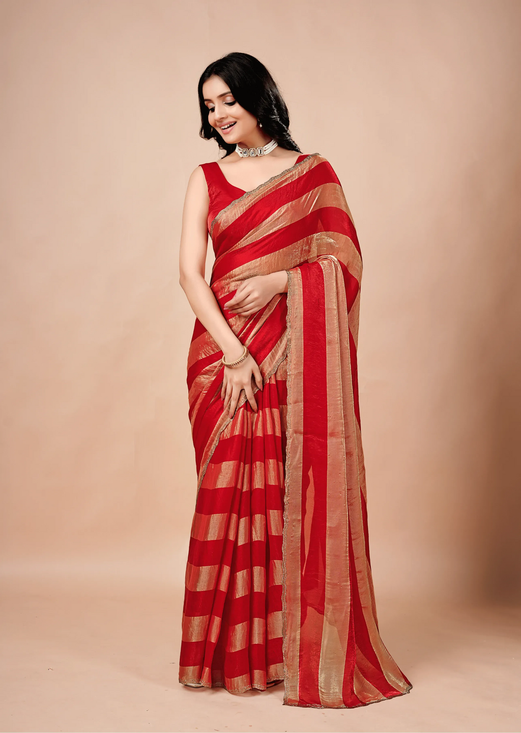 Crimson Red Tissue Silk Saree With Metallic Stripe Work