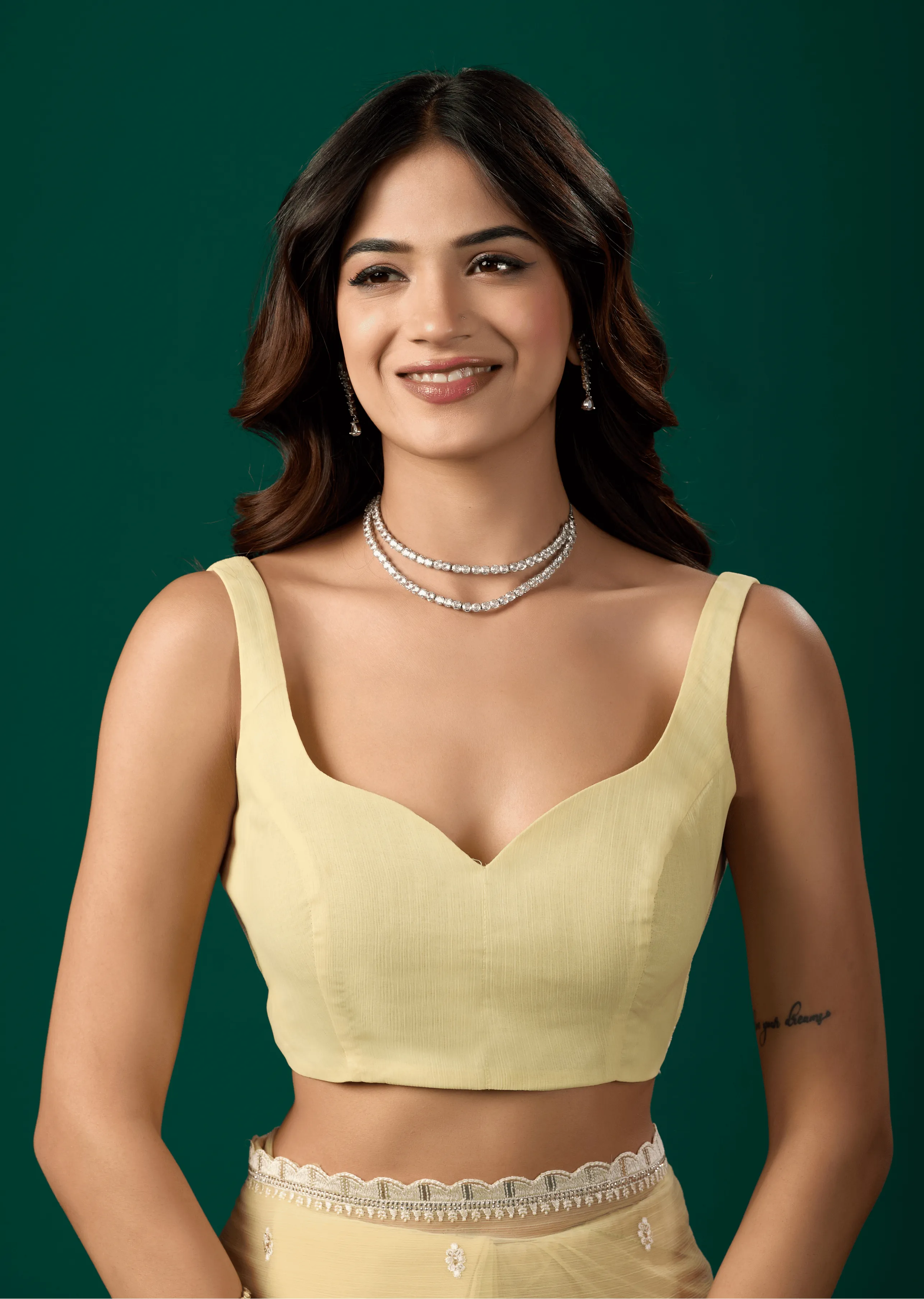 Light Yellow Chiffon Saree Blouse Close Up - Stone Accent Design