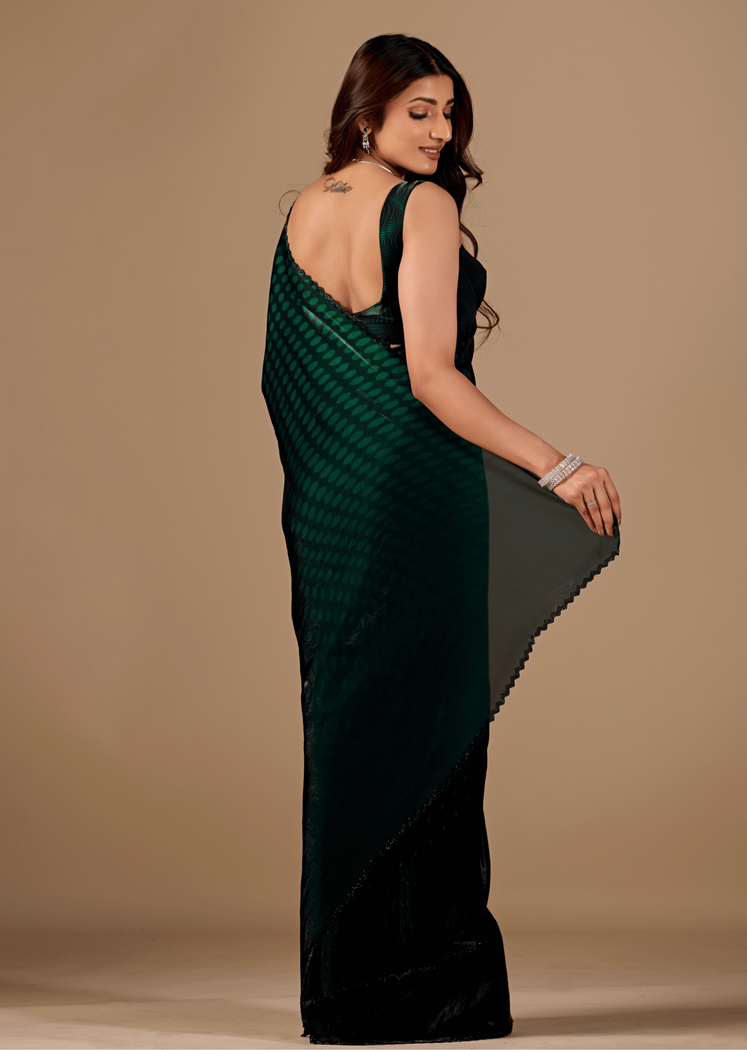Bottle Green Organza Silk Saree With Stone Work Border