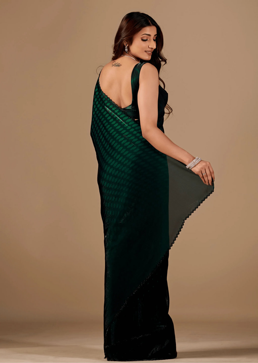  Bottle Green Organza Silk Saree Back Pose - Stone Work Border Detail